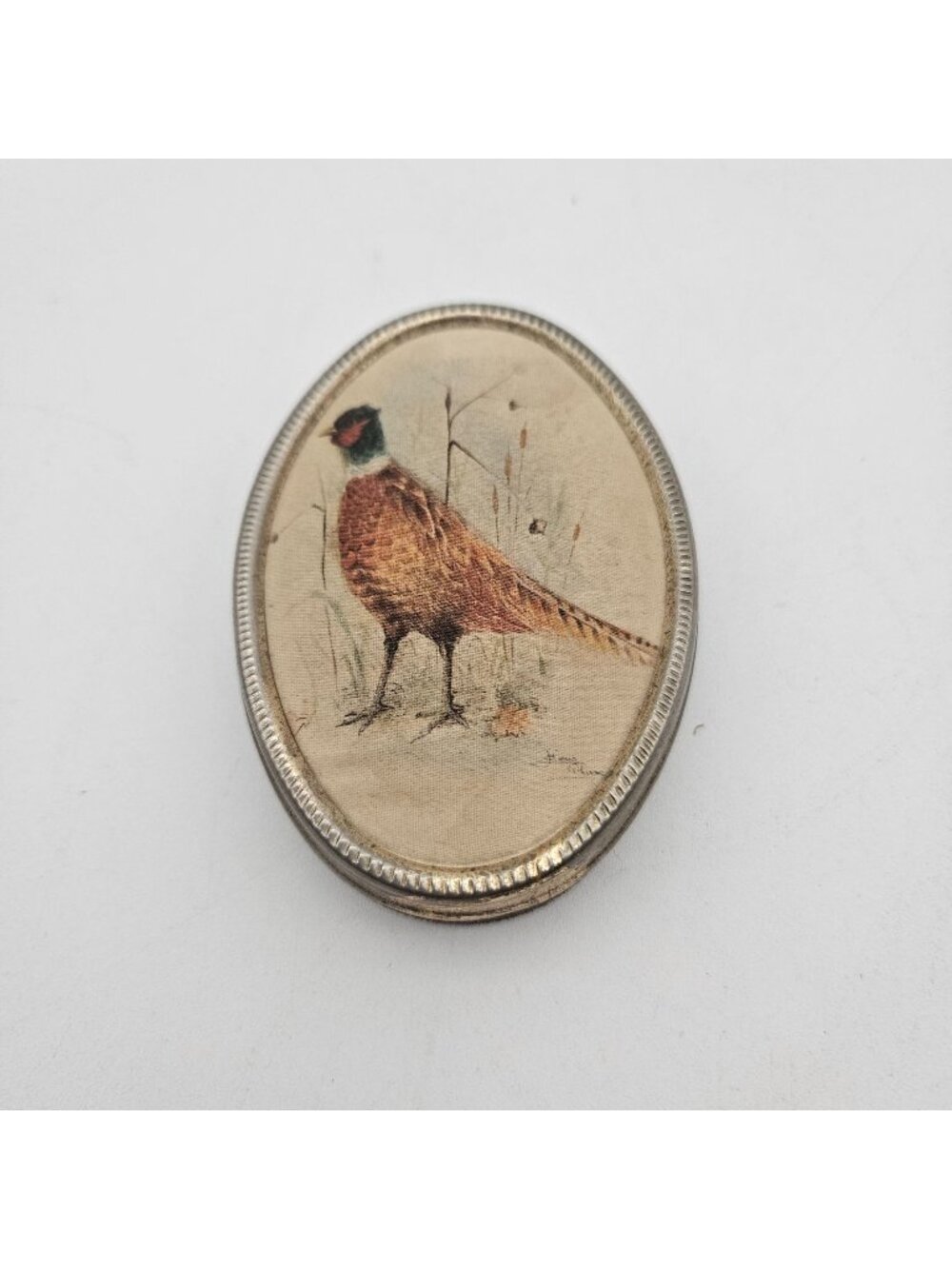 Vintage Oval Trinket Box Satin Pheasant Top Velvet Lined